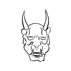 Japanese horned Oni demon mask. Vector, hand drawing, ink, calligraphy, black on white. Mythology, monster, horror, fashion design, Halloween. Eps10