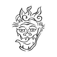 Oni Demon Mask. Vector drawing, ink, doodle, monochrome, black on white. Japanese culture, tradition, monsters, horror, t-shirt print, poster, Halloween. Eps10