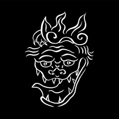 Oni Demon Mask. Vector drawing, ink, sketch, doodle, white on black. Japanese mythology, monsters, horror, t-shirt print, poster, halloween. Eps10