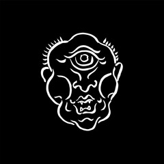 One-Eyed Oni Demon Mask. Japanese monsters. Vector, drawing, ink, sketch, minimalism, white on black. Horror, legends, t-shirt print, poster, halloween. Eps10