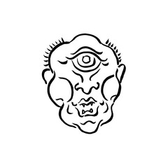 One-Eyed Oni Demon Mask. Japanese monsters. Vector drawing, ink, doodle, monochrome, black on white. Horror, folklore, t-shirt print, poster, Halloween. Eps10