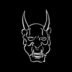 Japanese horned Oni demon mask. Vector drawing, ink, sketch, doodle, white on black. Fairy tales, monsters, horror, t-shirt print, Halloween. Eps10