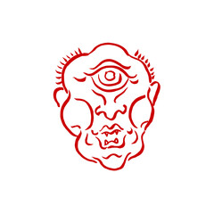 One-Eyed Oni Demon Mask. Japanese monsters. Vector drawing, ink, doodle, red on white. Horror, folklore, legends, t-shirt print, poster, Halloween. Eps10
