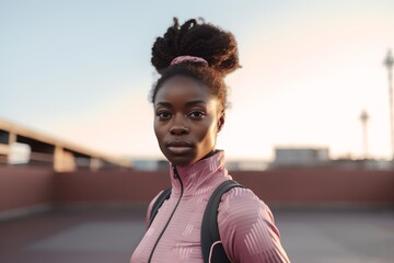 Black woman wearing fitness top exercising outdoors, generative ai.