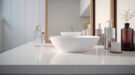 Stylish round sink on white countertop in modern white bathroom with mirror