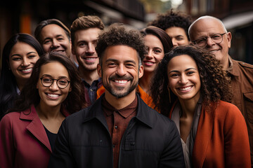 Obraz premium Group of multi-age and multinational happy employees in front of the building on the street are looking at the camera