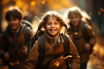 Fototapeta premium Happy girl with backpack in jacket going to school with friends at autumn