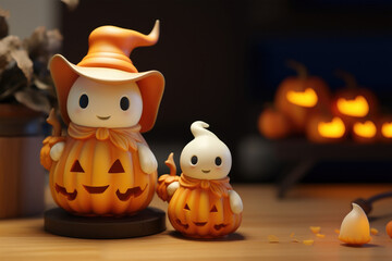 Cute Halloween ghosts and curved pumpkins.