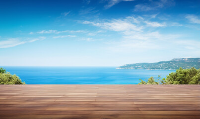 Fototapeta premium Wooden table on the background of the sea, island and the blue sky for product display 