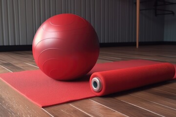Training at home with yoga mat yoga ball and dumbbell - obrazy, fototapety, plakaty
