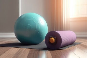 Training at home with yoga mat yoga ball and dumbbell