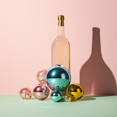 A minimalist holiday setup featuring a bottle of wine and Christmas ornaments on a green table against a pastel pink background. Perfect for festive celebrations