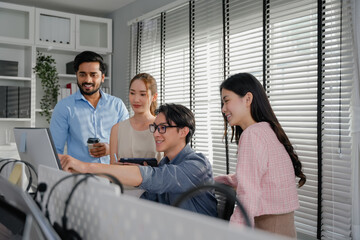 Business people, manager presentation and planning, teamwork or discussion for project proposal or marketing. Group of people working together on a project in a startup company office.