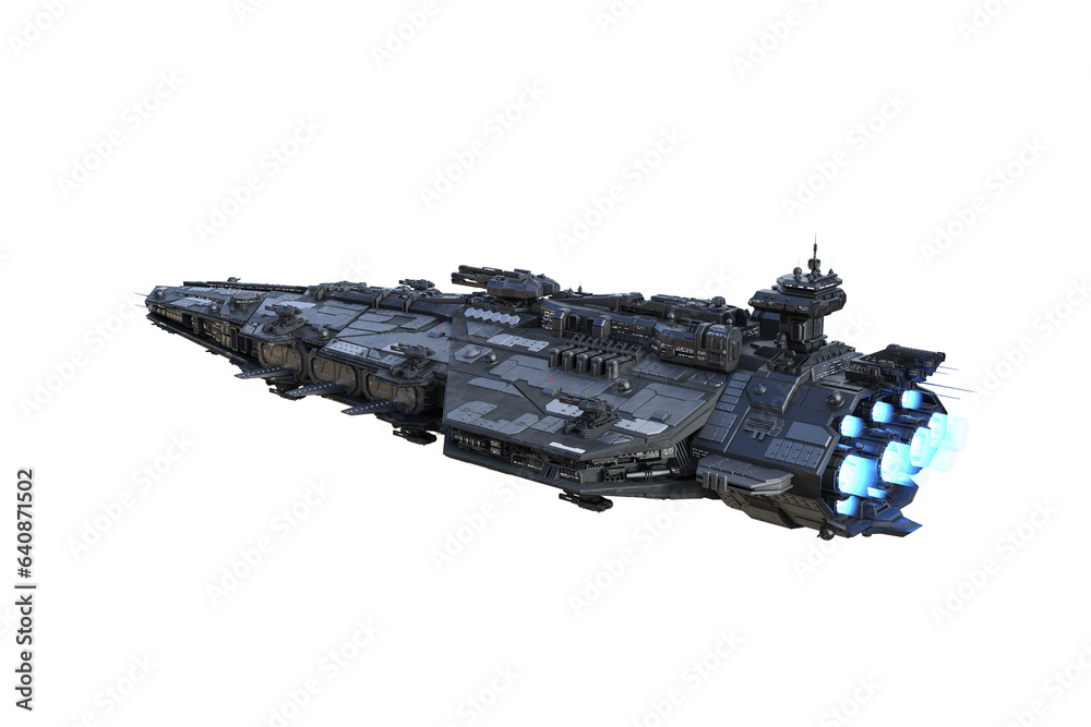Poster large alien space ship in flight, rear perspective view. isolated 3d rendering.