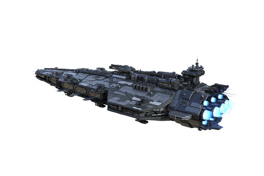 Large alien space ship in flight, rear perspective view. Isolated 3D rendering.