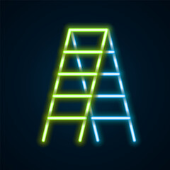 Glowing neon line Wooden staircase icon isolated on black background. Colorful outline concept. Vector