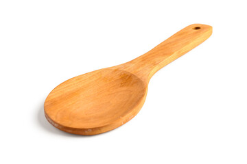 Empty wooden spoon on white background
