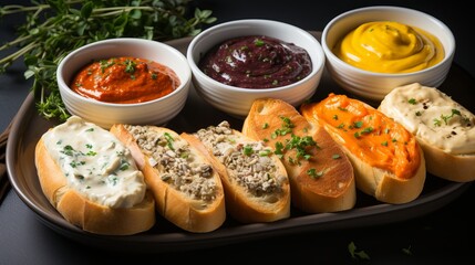 Toasted baguette with various vegetable and spicy sauces, appetizer and snack. Food for a beer or a party.