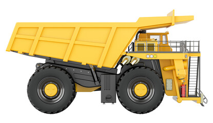 Dump truck, side view. 3D rendering isolated on transparent background