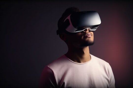 Young man wearing VR goggles. Metaverse technology