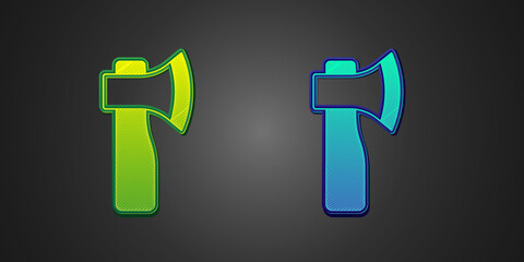 Green and blue Wooden axe icon isolated on black background. Lumberjack axe. Vector