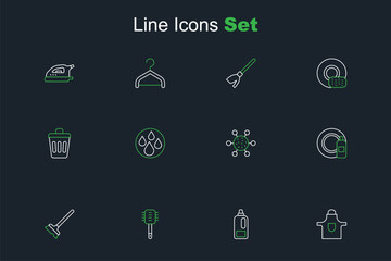 Set line Kitchen apron, Bottle for detergent, Toilet brush, Mop, Dishwashing bottle and plate, Bacteria, Water drop and Trash can icon. Vector