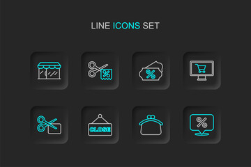 Naklejka premium Set line Discount percent tag, Wallet, Hanging sign with text Closed, Scissors cuts discount coupon, Shopping cart monitor, and Market store icon. Vector