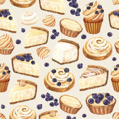 Watercolor seamless pattern dessert muffin, cupcake, tart, bun, cheesecake with blueberry. Hand-drawn illustration on grey background. Perfect food menu, design packing, bakery shop, cooking
