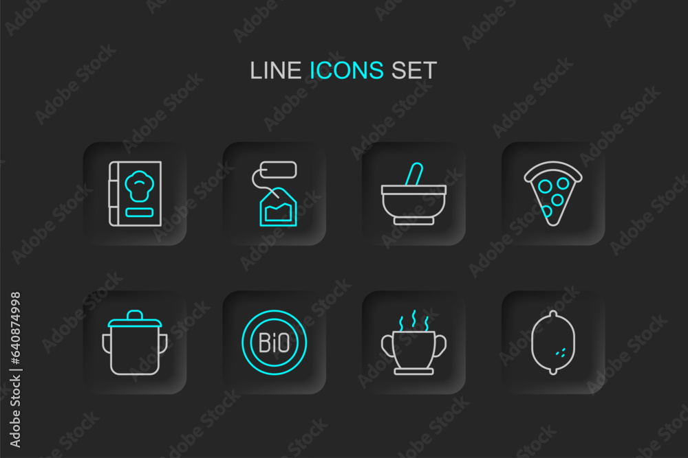 Canvas Prints Set line Lemon, Bowl of hot soup, Banner for bio, Cooking pot, Slice pizza, Mortar and pestle, Tea bag and Cookbook icon. Vector