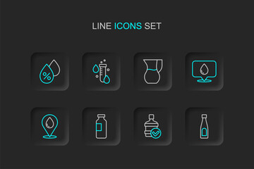 Fototapeta premium Set line Bottle of water, Big bottle with clean, Water drop location, Jug glass, Test tube and percentage icon. Vector