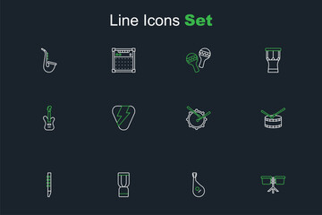 Set line Bongo drum, Bandura, African djembe, Flute, Drum with sticks, Guitar pick and Electric bass guitar icon. Vector