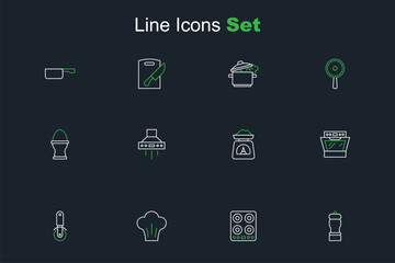 Set line Pepper, Gas stove, Chef hat, Pizza knife, Oven, Scales, Kitchen extractor fan and Chicken egg on stand icon. Vector