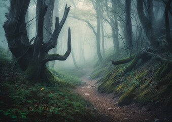 Gloomy foggy forest, generative ai.