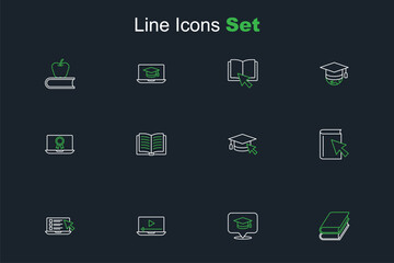 Set line Book, Graduation cap in speech bubble, Online play video, quiz, test, survey, book, with cursor, Open and education diploma icon. Vector