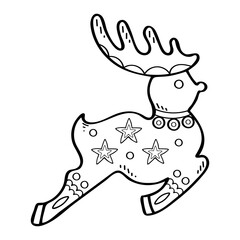 Christmas coloring page reindeer. Hand drawn line art illustration.