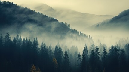 foggy pine forest top view. calm autumn natural background.