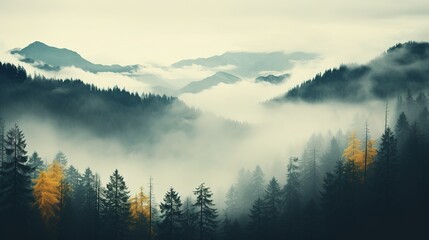 foggy pine forest top view. calm autumn natural background.