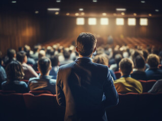 Fototapeta premium A speaker giving a lecture to an audience in an auditorium, seen from behind, emphasizing the seminar's engaging atmosphere.