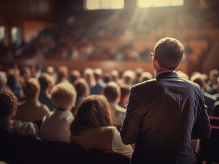 Obraz premium A speaker giving a lecture to an audience in an auditorium, seen from behind, emphasizing the seminar's engaging atmosphere.