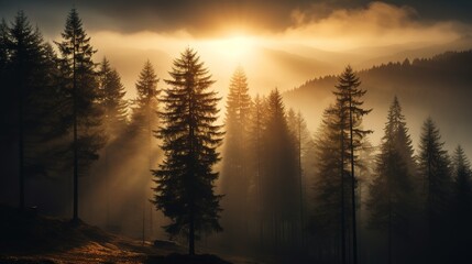 the sun's rays break through the misty pine forest. calm autumn natural background. - obrazy, fototapety, plakaty