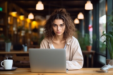 woman working on laptop in cafe