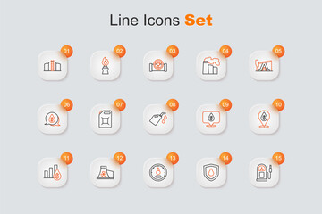 Set line Petrol or gas station, Oil drop shield, Motor gauge, Nuclear power plant, Pie chart and dollar, with symbol, and Canister for motor machine oil icon. Vector