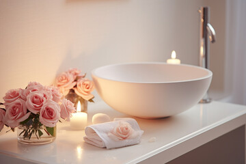 Fototapeta na wymiar An elegant white bathroom with a modern vessel sink, adorned with roses and scented candles, creating a romantic Zen atmosphere.