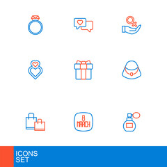 Set line Perfume, 8 March, Paper shopping bag, Handbag, Heart, Gift box heart, Female gender symbol and speech bubble icon. Vector