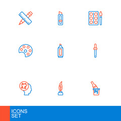 Set line Paint bucket with brush, Feather and inkwell, spray, Eyedropper color picker palette, Palette, Marker pen, Watercolor paints box and Stationery knife icon. Vector