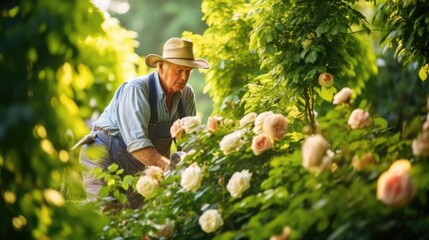 A gardener is pruning roses in a lush garden.