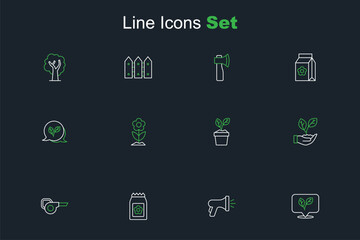 Set line Leaf, Garden hose, Pack full of seeds, garden blower, in hand, Plant pot, Flower and icon. Vector