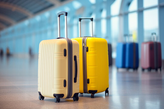 A wide banner image featuring a row of luggage suitcases at the airport, with ample copy space for conveying vacation and holiday travel concepts.