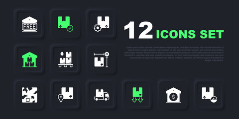 Set Warehouse price, Carton cardboard box, Cardboard boxes pallet, with traffic symbol, Full warehouse, Location, and Delivery cargo truck icon. Vector