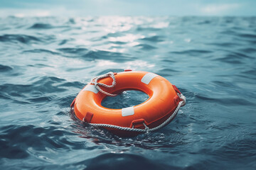 A rescue buoy floating on the sea, a vital tool to rescue people from drowning incidents. - obrazy, fototapety, plakaty